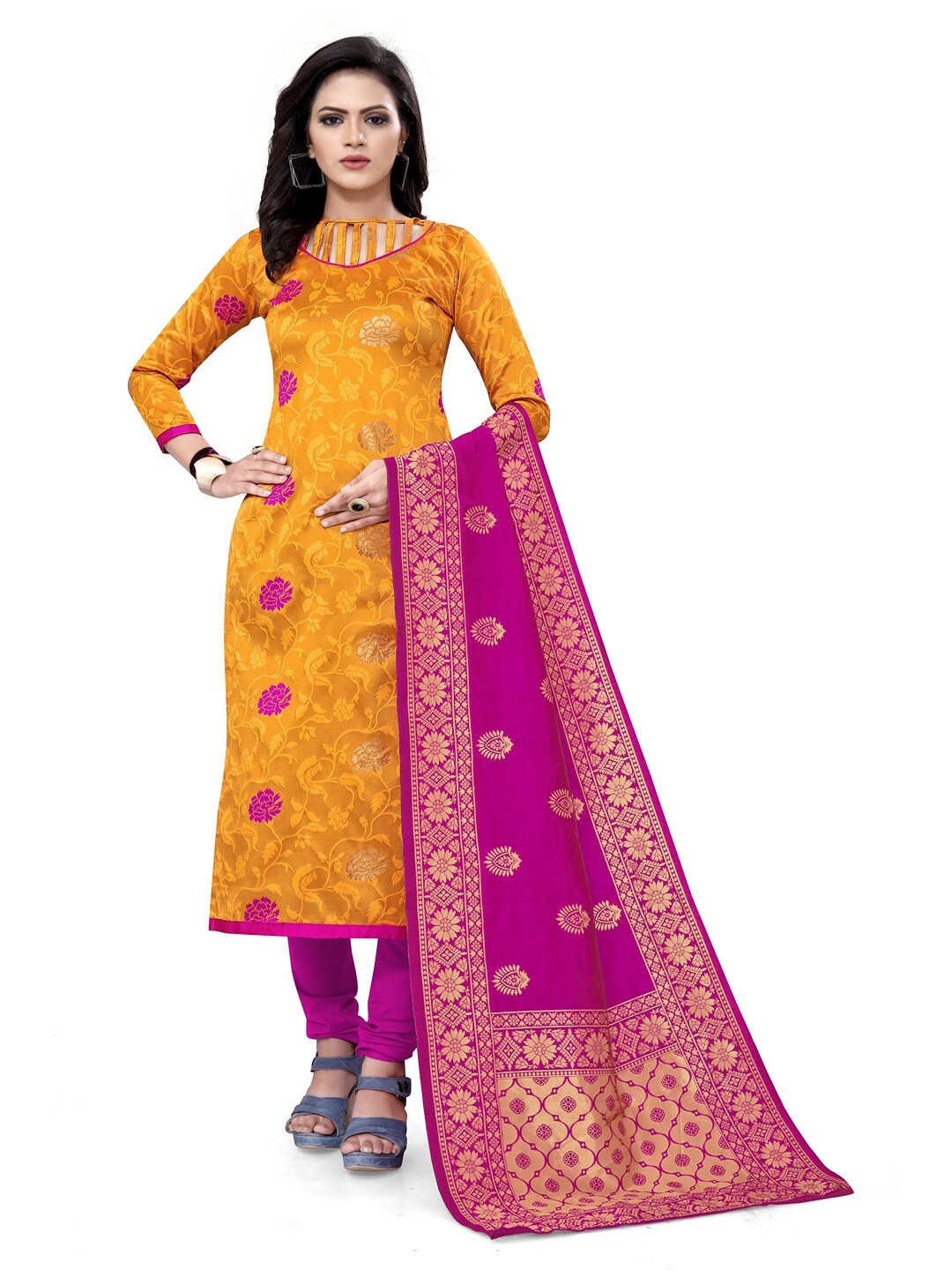 

Angroop Banarasi Silk Unstitched Dress Material, Yellow