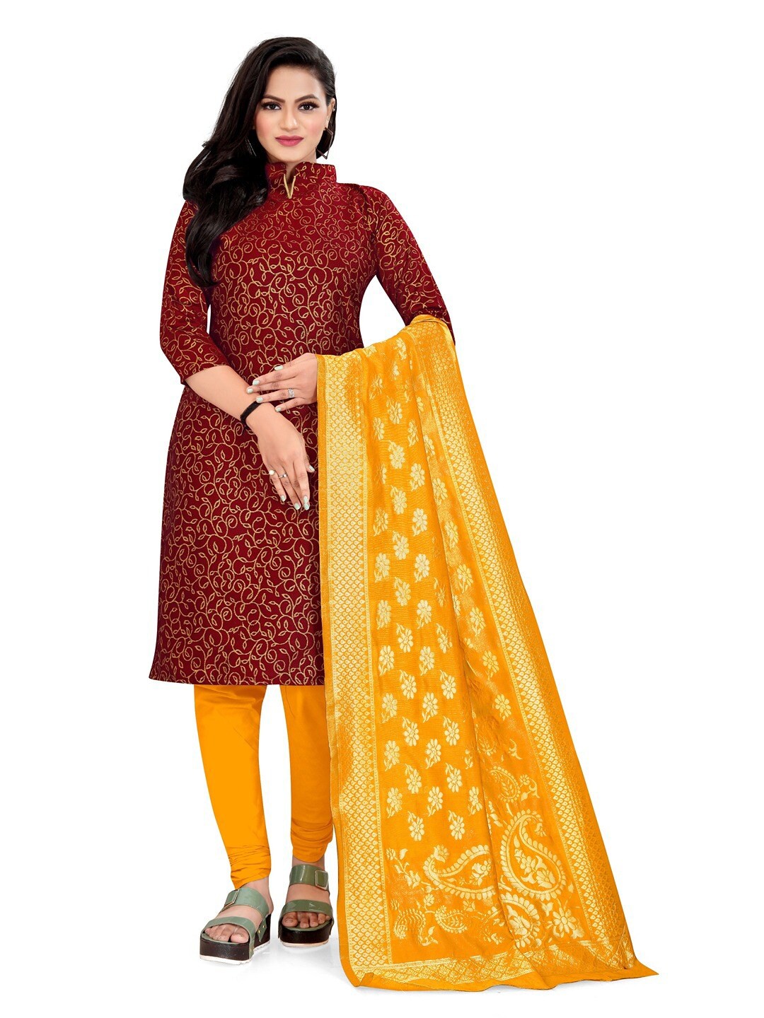 

Angroop Banarasi Silk Unstitched Dress Material, Maroon