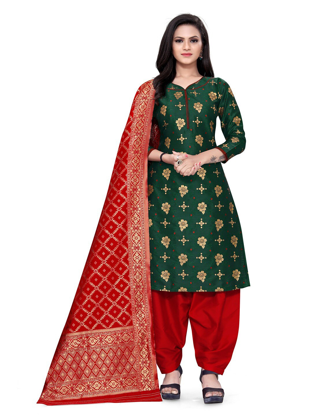 

Angroop Banarasi Silk Unstitched Dress Material, Green