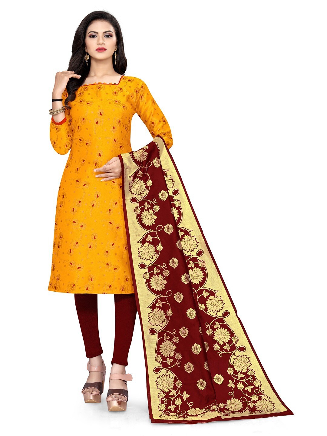 

Angroop Banarasi Silk Unstitched Dress Material, Yellow