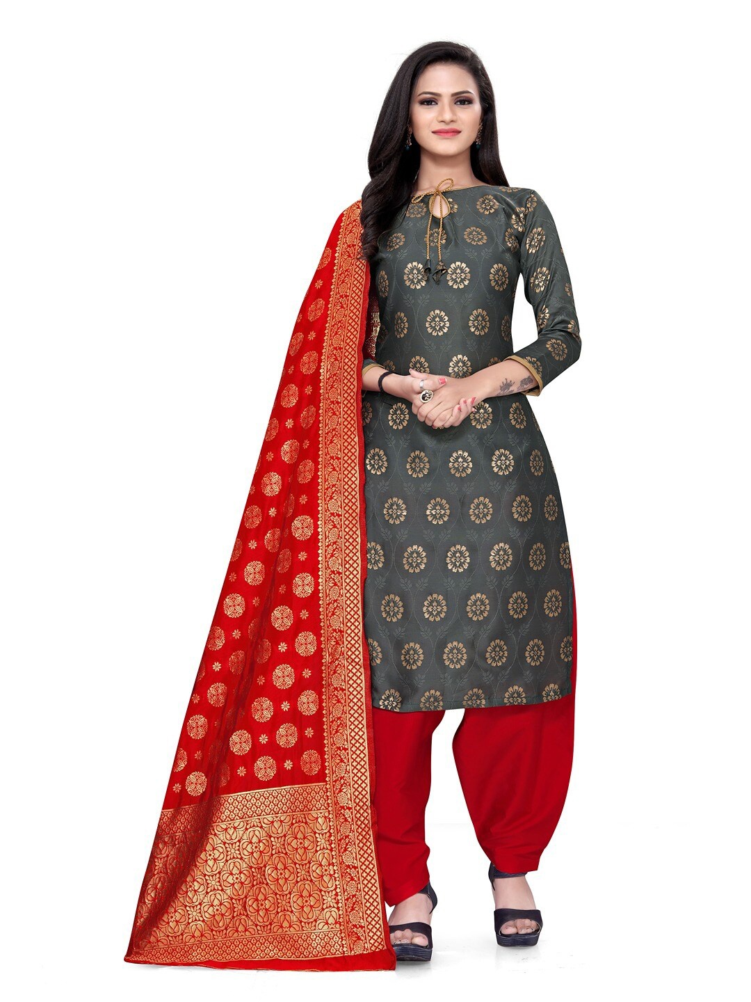 

Angroop Banarasi Silk Unstitched Dress Material, Grey