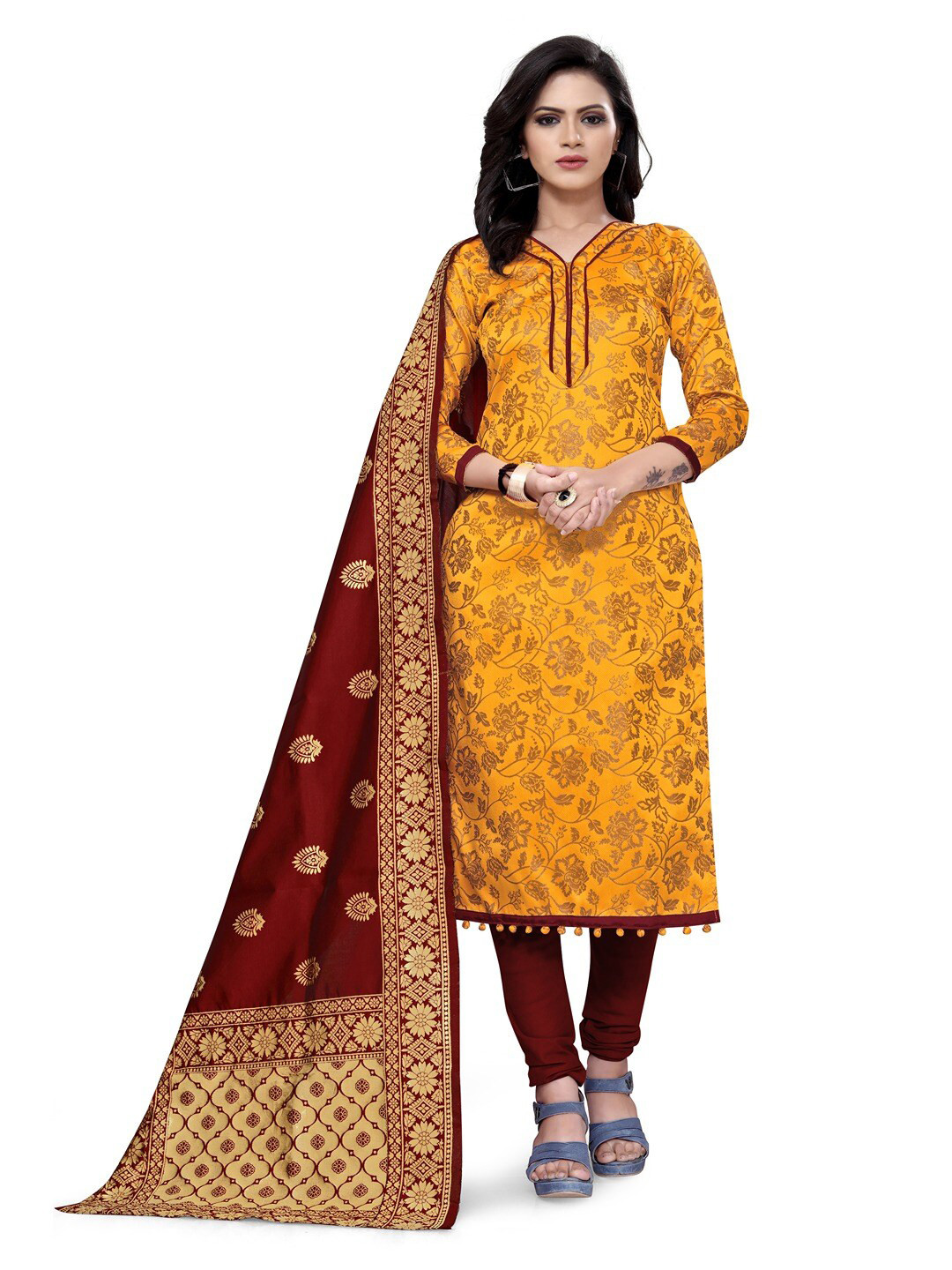 

Angroop Jacquard Work Banarasi Silk Woven Design Unstitched Dress Material, Yellow