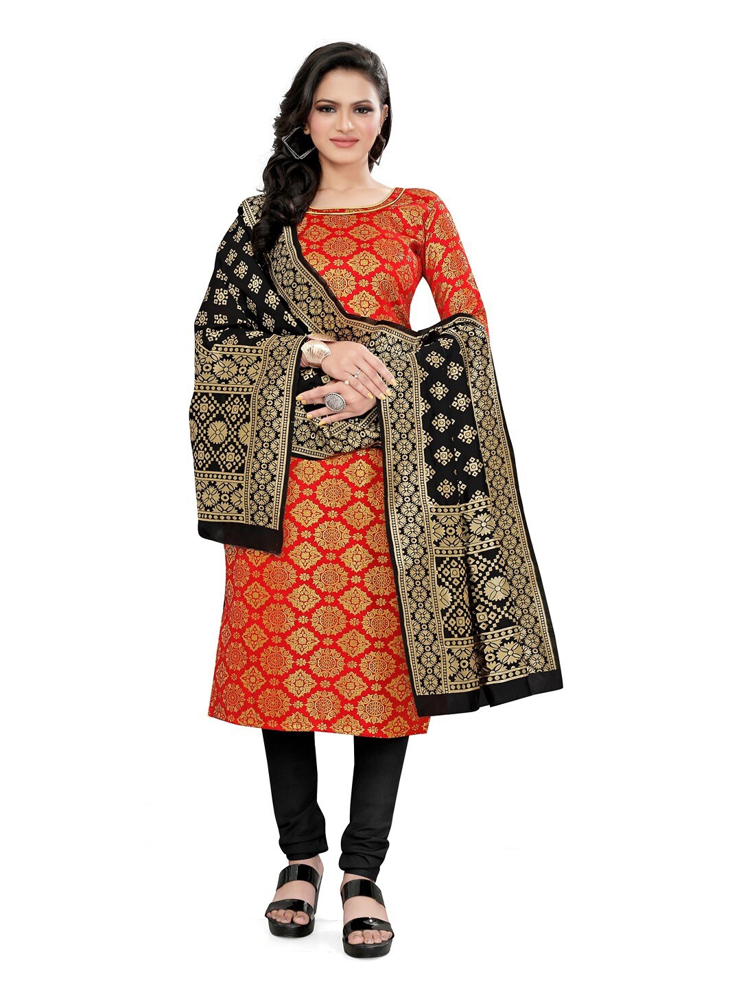 

Angroop Jacquard Work Banarasi Silk Woven Design Unstitched Dress Material, Red