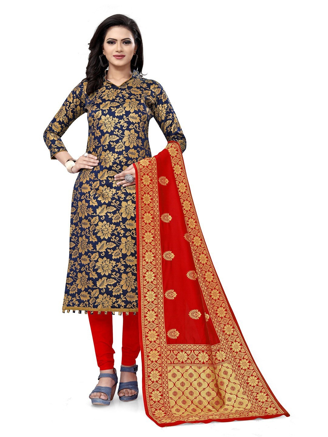 

Angroop Banarasi Silk Unstitched Dress Material, Blue