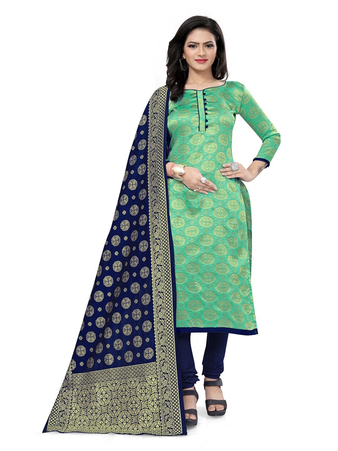 

Angroop Banarasi Silk Unstitched Dress Material, Green