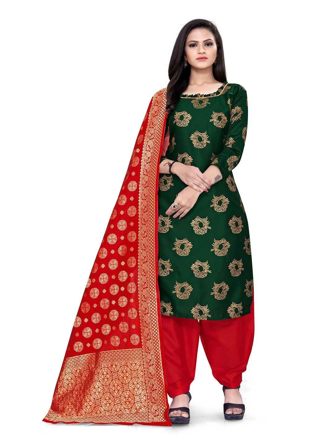 

Angroop Banarasi Silk Unstitched Dress Material, Green