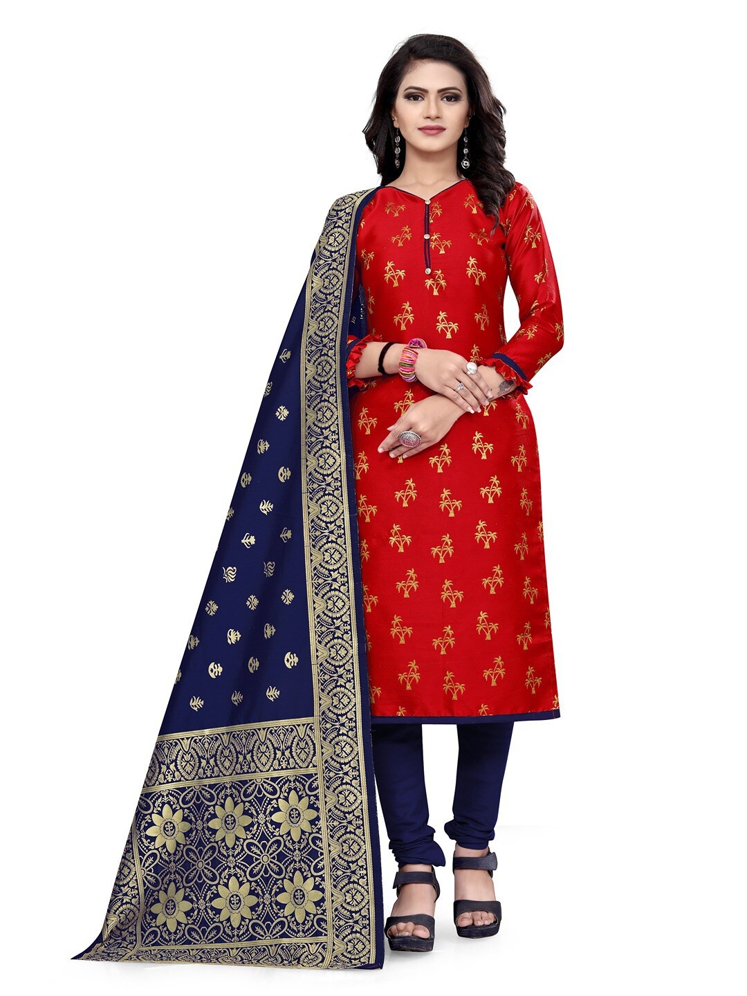 

Angroop Banarasi Silk Unstitched Dress Material, Red
