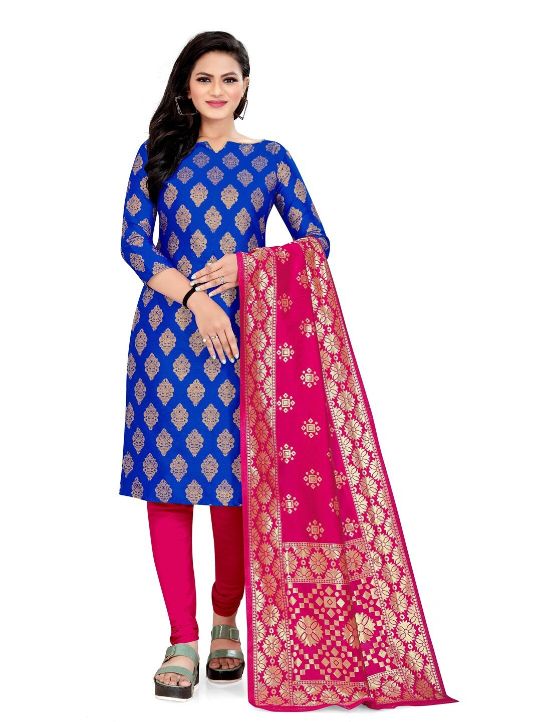 

Angroop Banarasi Silk Unstitched Dress Material, Blue