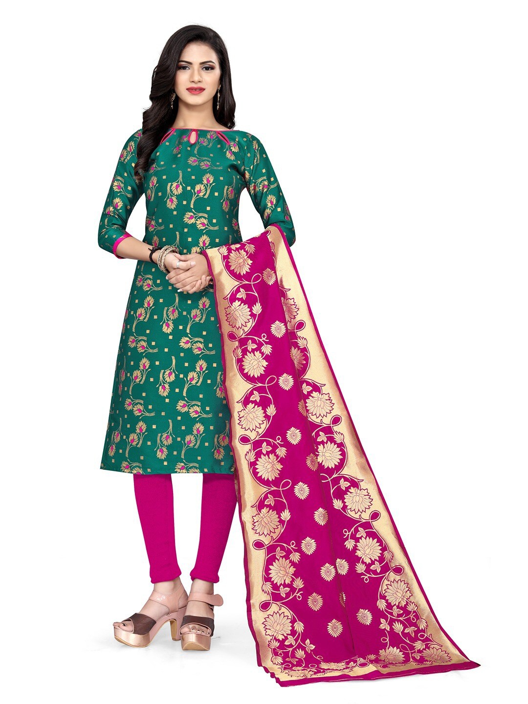 

Angroop Banarasi Silk Unstitched Dress Material, Green