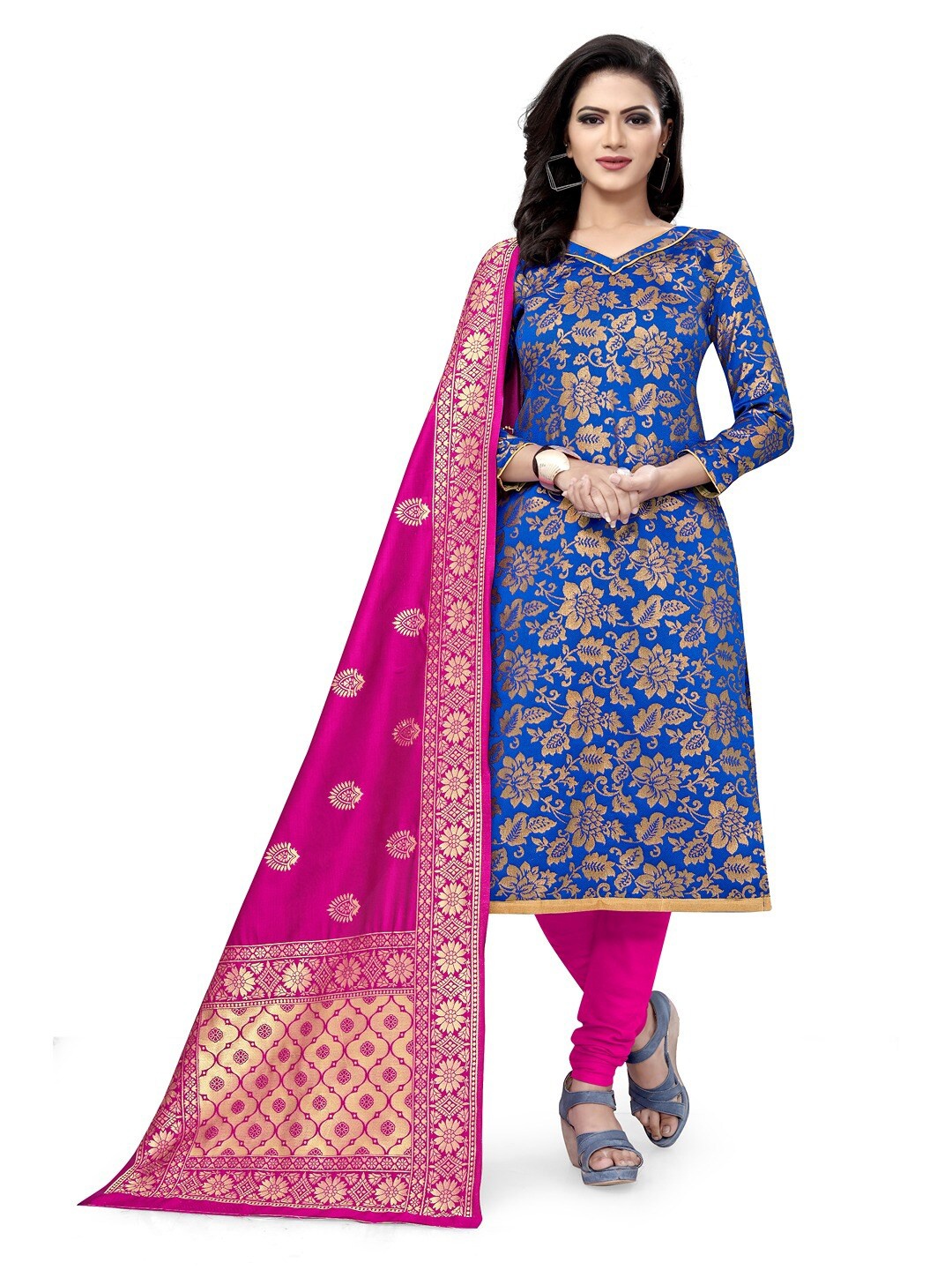 

Angroop Banarasi Silk Unstitched Dress Material, Blue