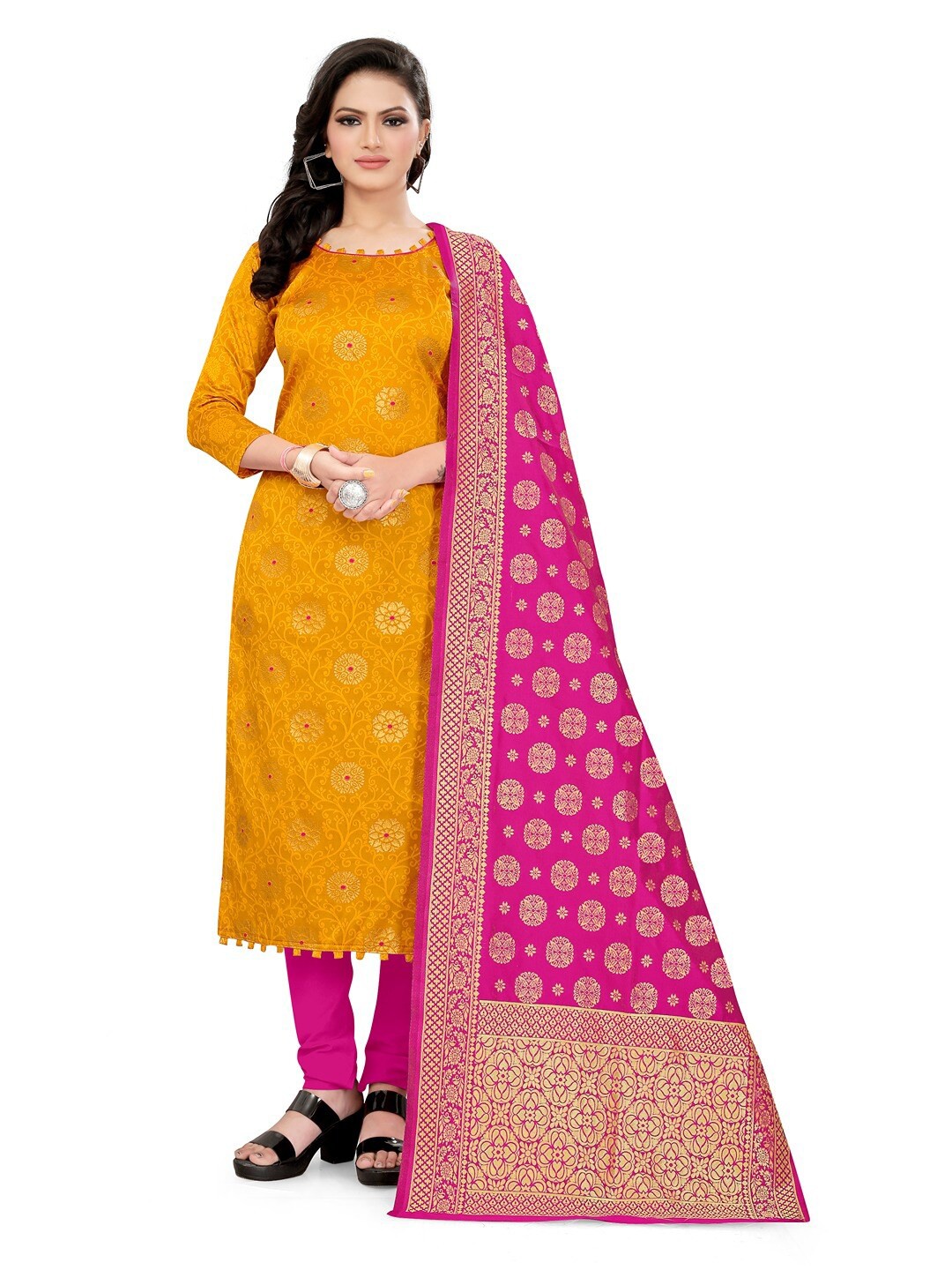 

Angroop Banarasi Silk Unstitched Dress Material, Yellow