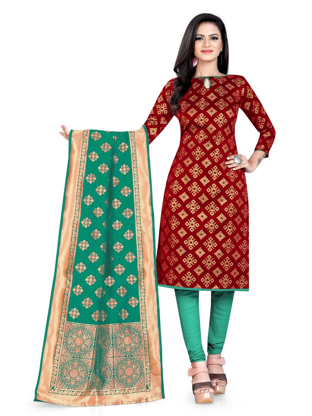 

Angroop Banarasi Silk Unstitched Dress Material, Maroon