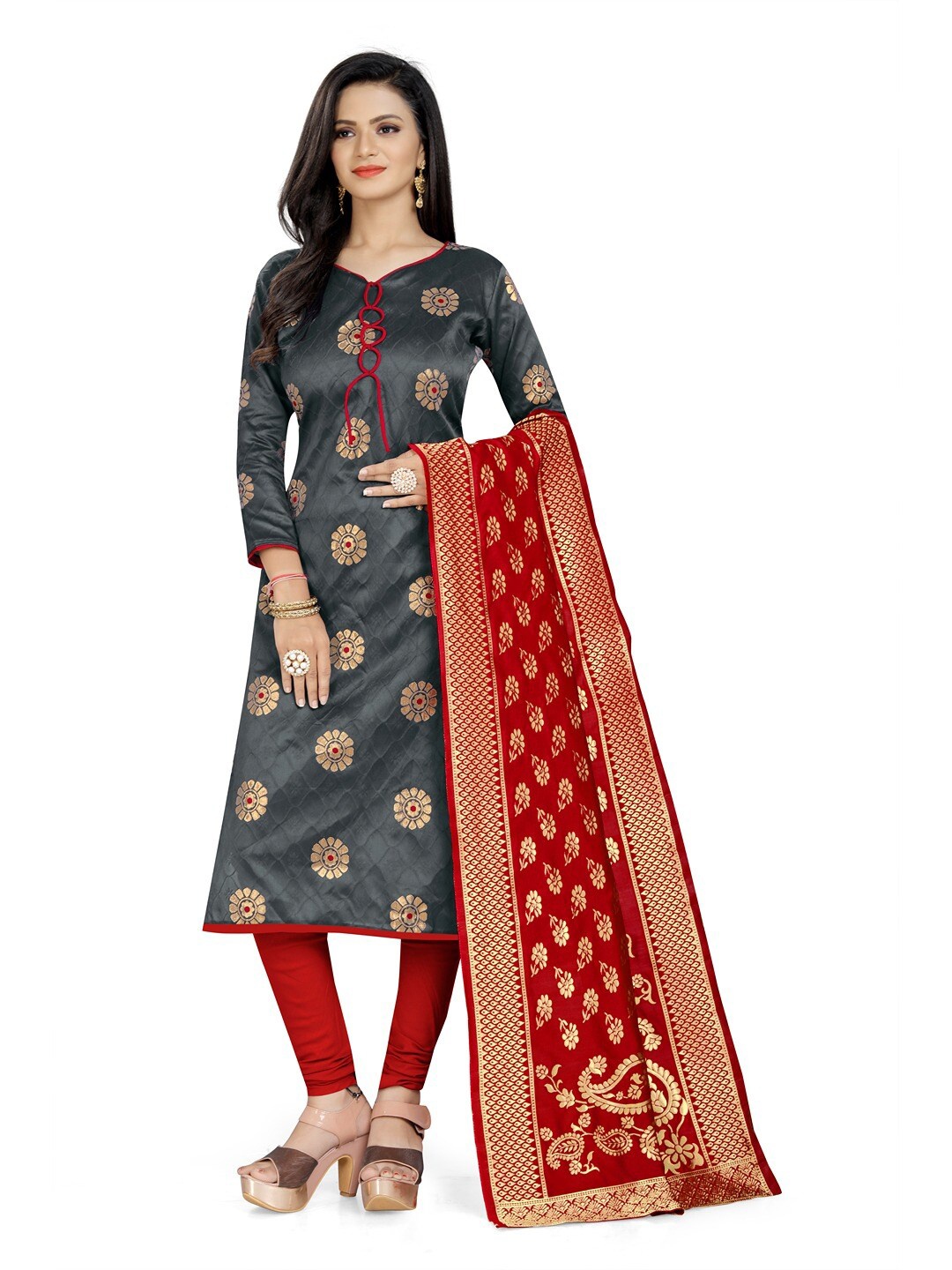 

Angroop Banarasi Silk Unstitched Dress Material, Grey