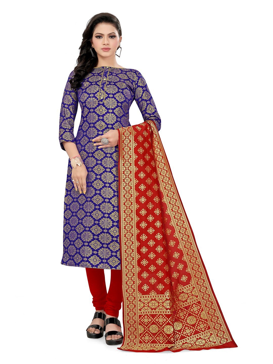 

Angroop Banarasi Silk Unstitched Dress Material, Blue