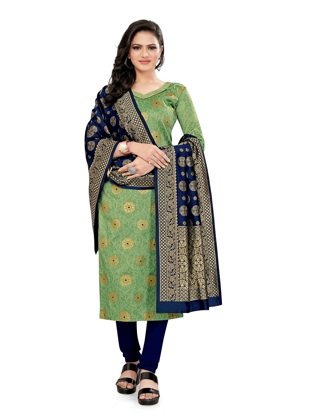 

Angroop Banarasi Silk Unstitched Dress Material, Green