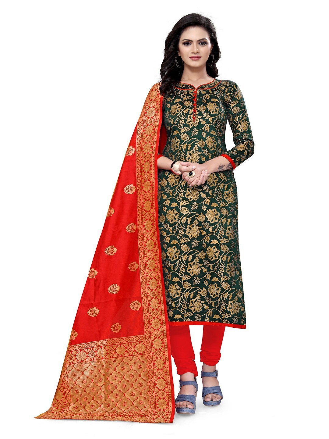 

Angroop Banarasi Silk Unstitched Dress Material, Green