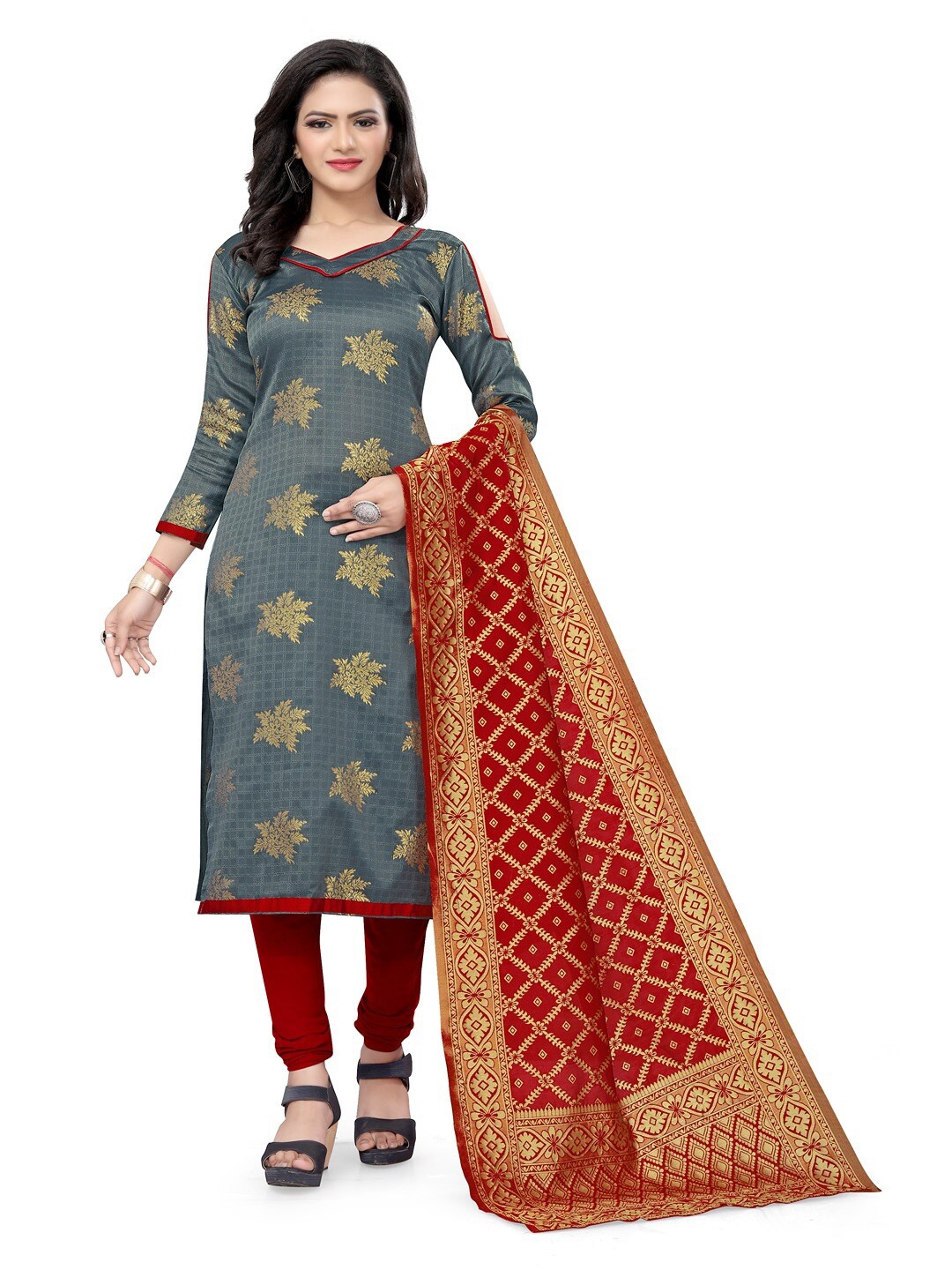 

Angroop Jacquard Work Banarasi Silk Woven Design Unstitched Dress Material, Grey