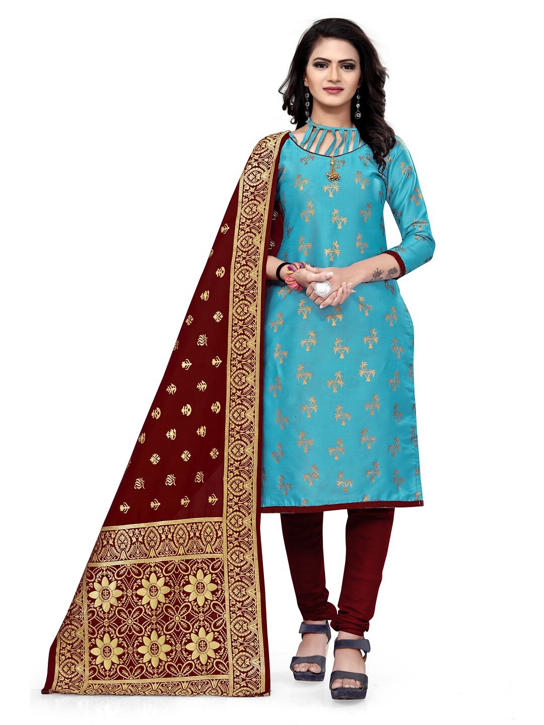 

Angroop Jacquard Work Banarasi Silk Woven Design Unstitched Dress Material, Blue