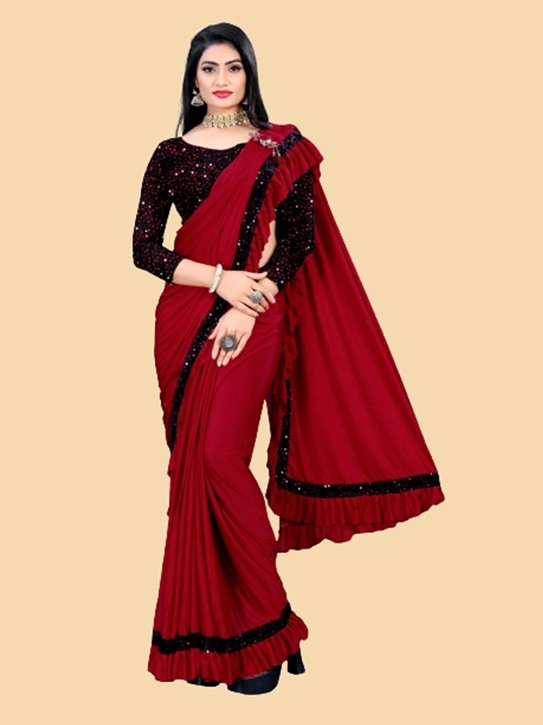 

APNISHA Sequinned Ready to Wear Saree, Red