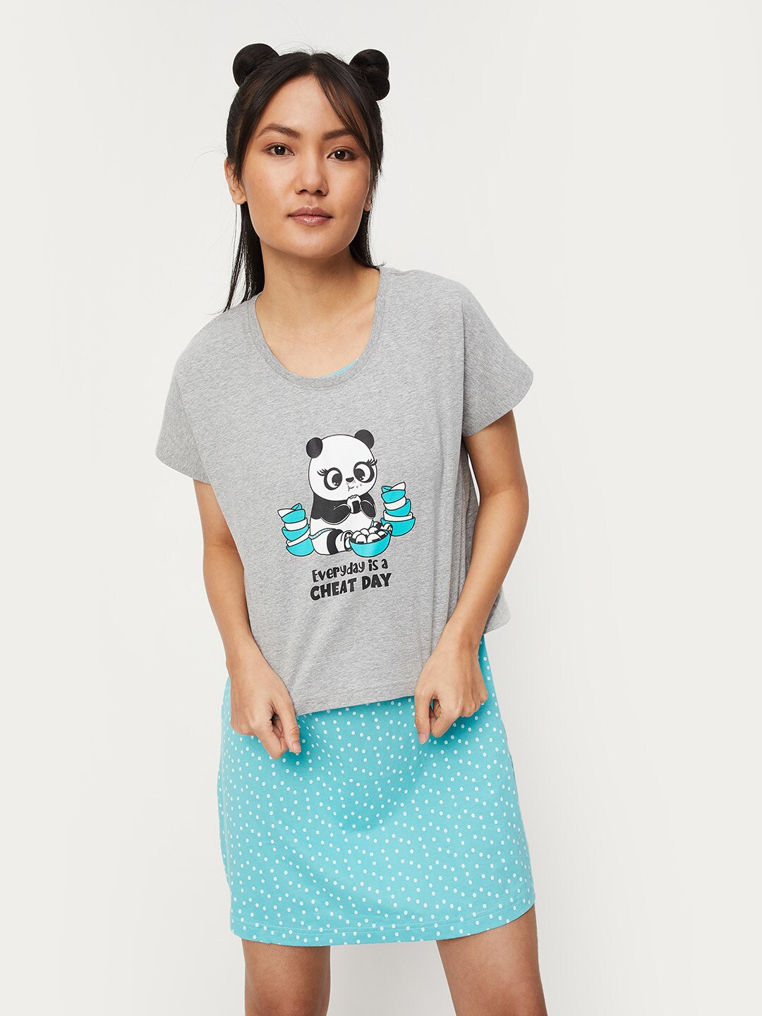

max Printed Pure Cotton Nightdress With T-Shirt, Blue