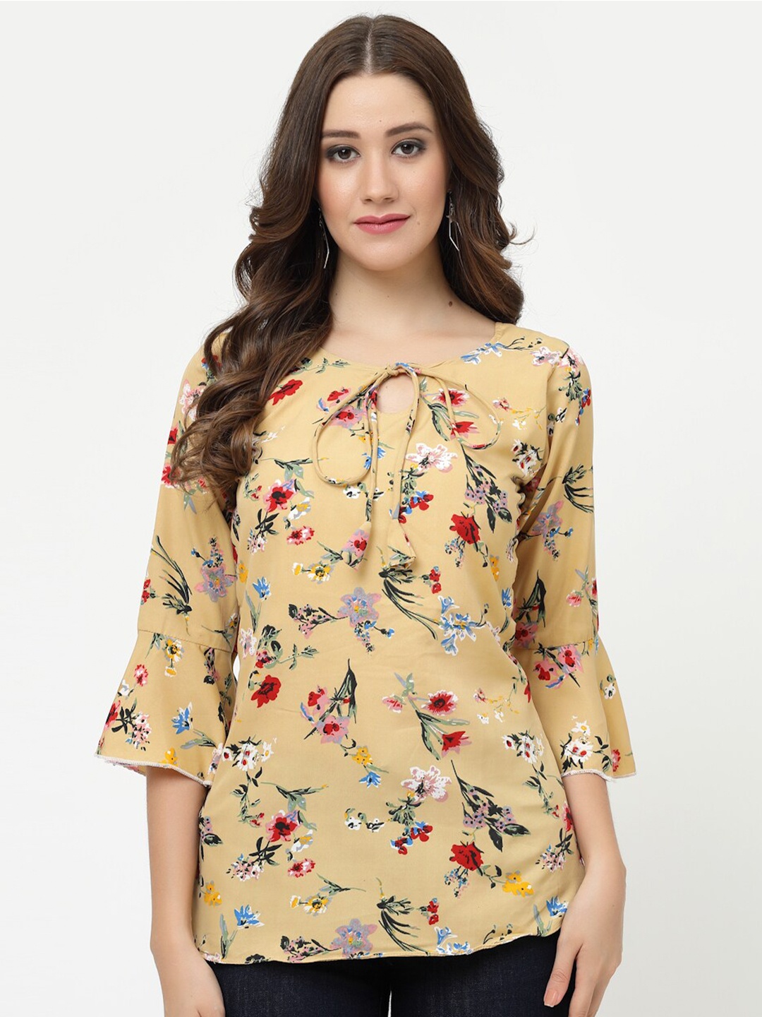 

MISS AYSE Floral Print Tie-Up Neck Bell Sleeves Top, Beige