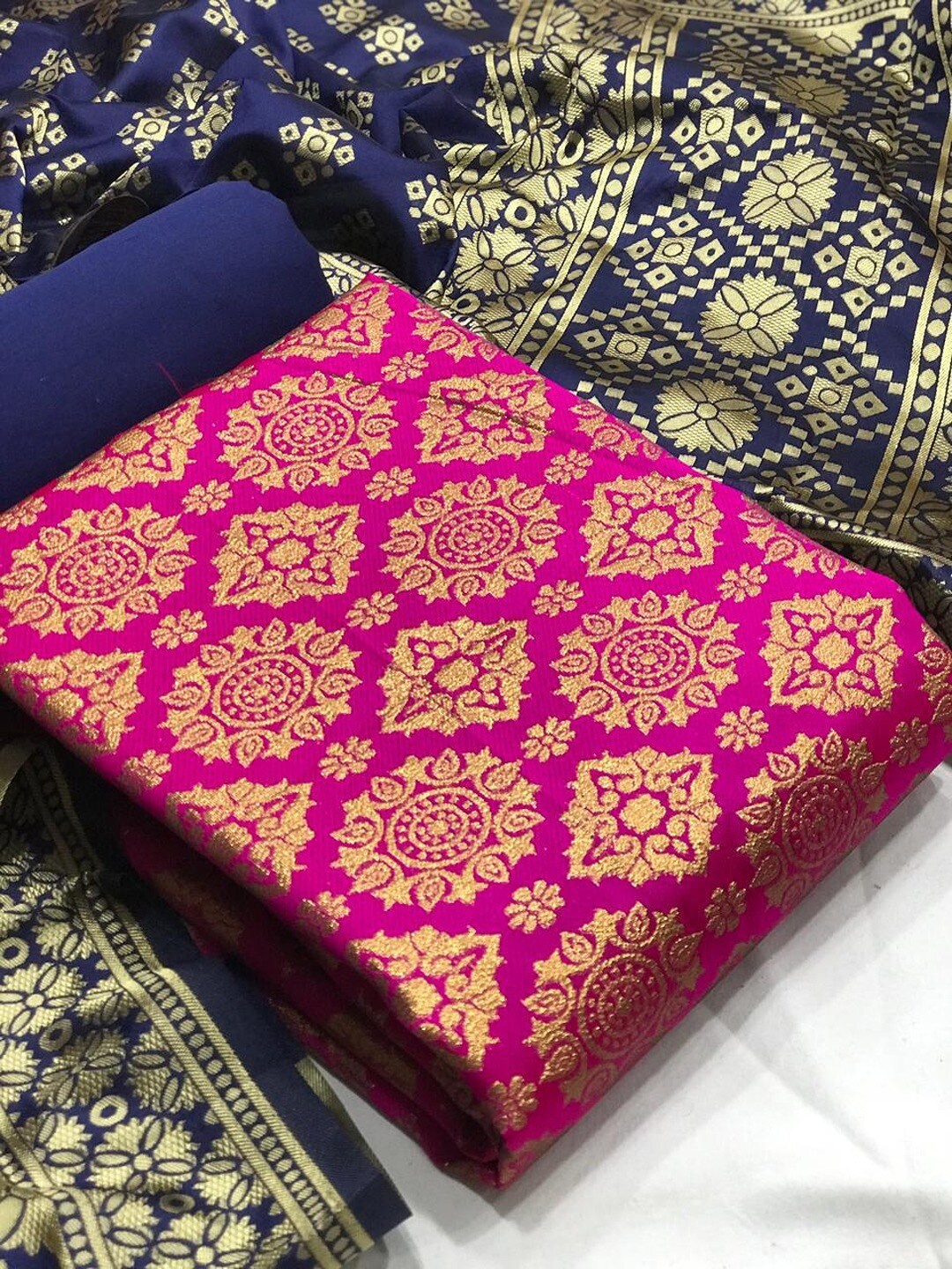 

Angroop Ethnic Motifs Banarasi Silk Unstitched Dress Material, Pink