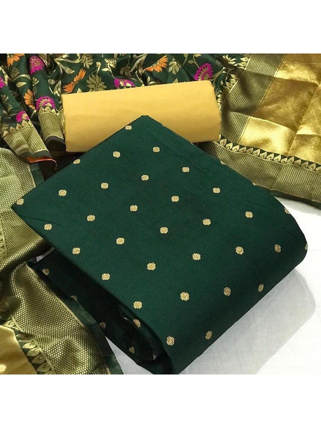 

Angroop Polka Dots Woven Design Unstitched Dress Material, Green