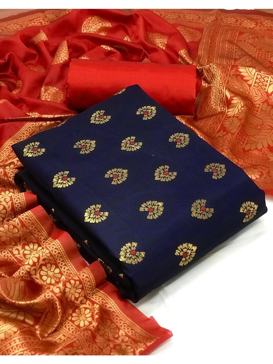 

Angroop Ethnic Motifs Unstitched Dress Material, Navy blue