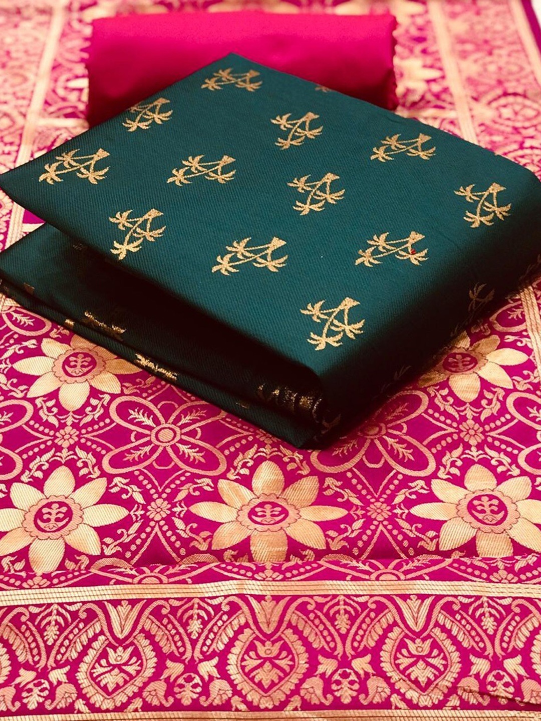 

Angroop Banarasi Silk Unstitched Dress Material, Green