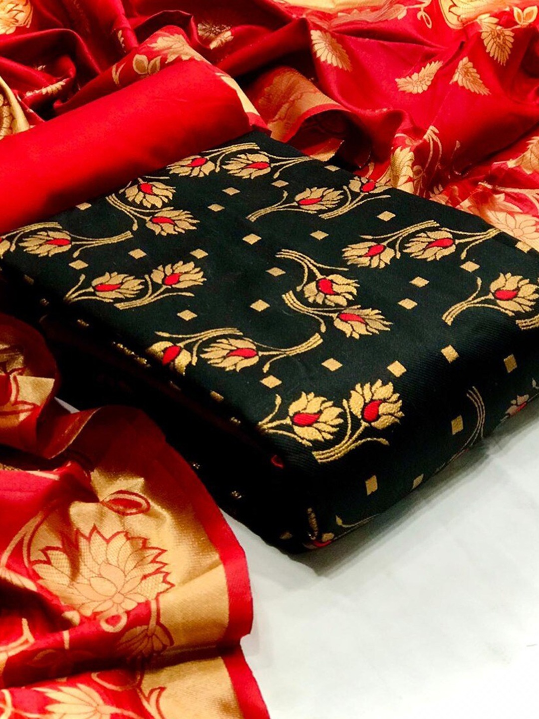 

Angroop Jacquard Work Banarasi Silk Woven Design Unstitched Dress Material, Black