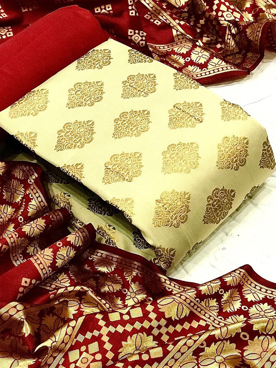 

Angroop Ethnic Motifs Woven Design Banarasi Silk Unstitched Dress Material, Cream