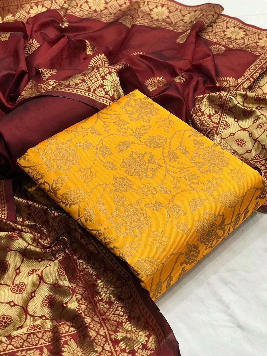 

Angroop Jacquard Work Banarasi Silk Woven Design Unstitched Dress Material, Yellow