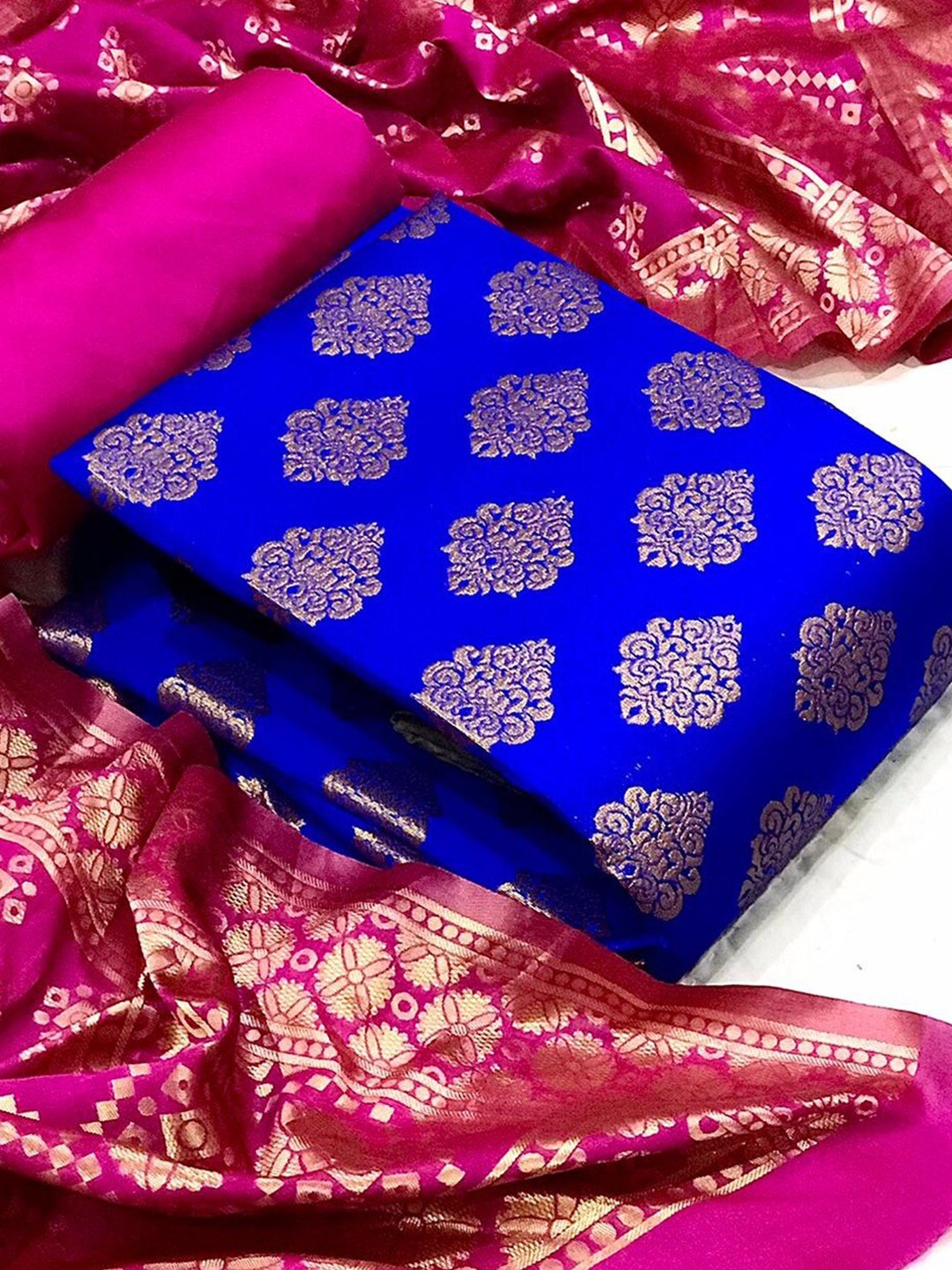 

Angroop Jacquard Work Banarasi Silk Woven Design Unstitched Dress Material, Blue