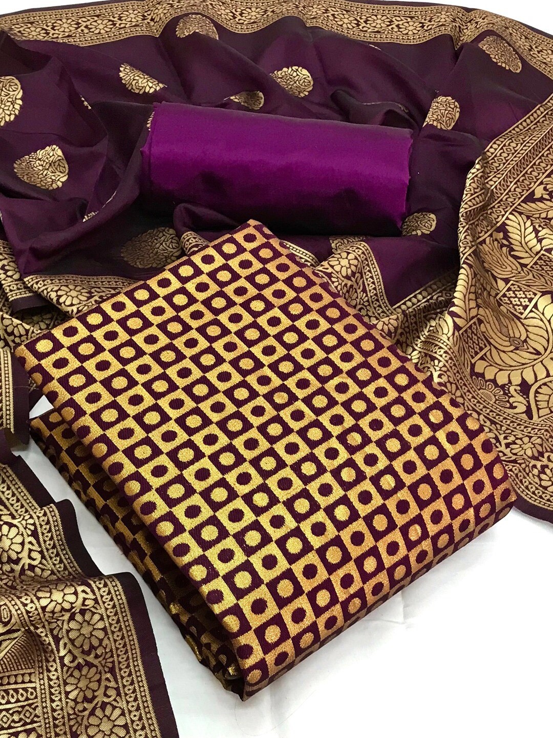 

Angroop Banarasi Silk Unstitched Dress Material, Purple