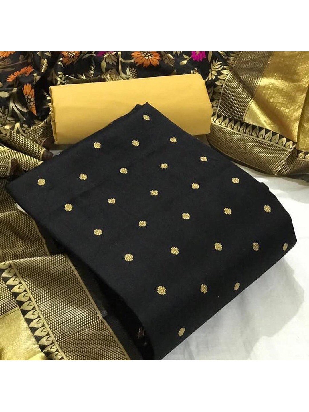 

Angroop Polka Dots Unstitched Dress Material, Black