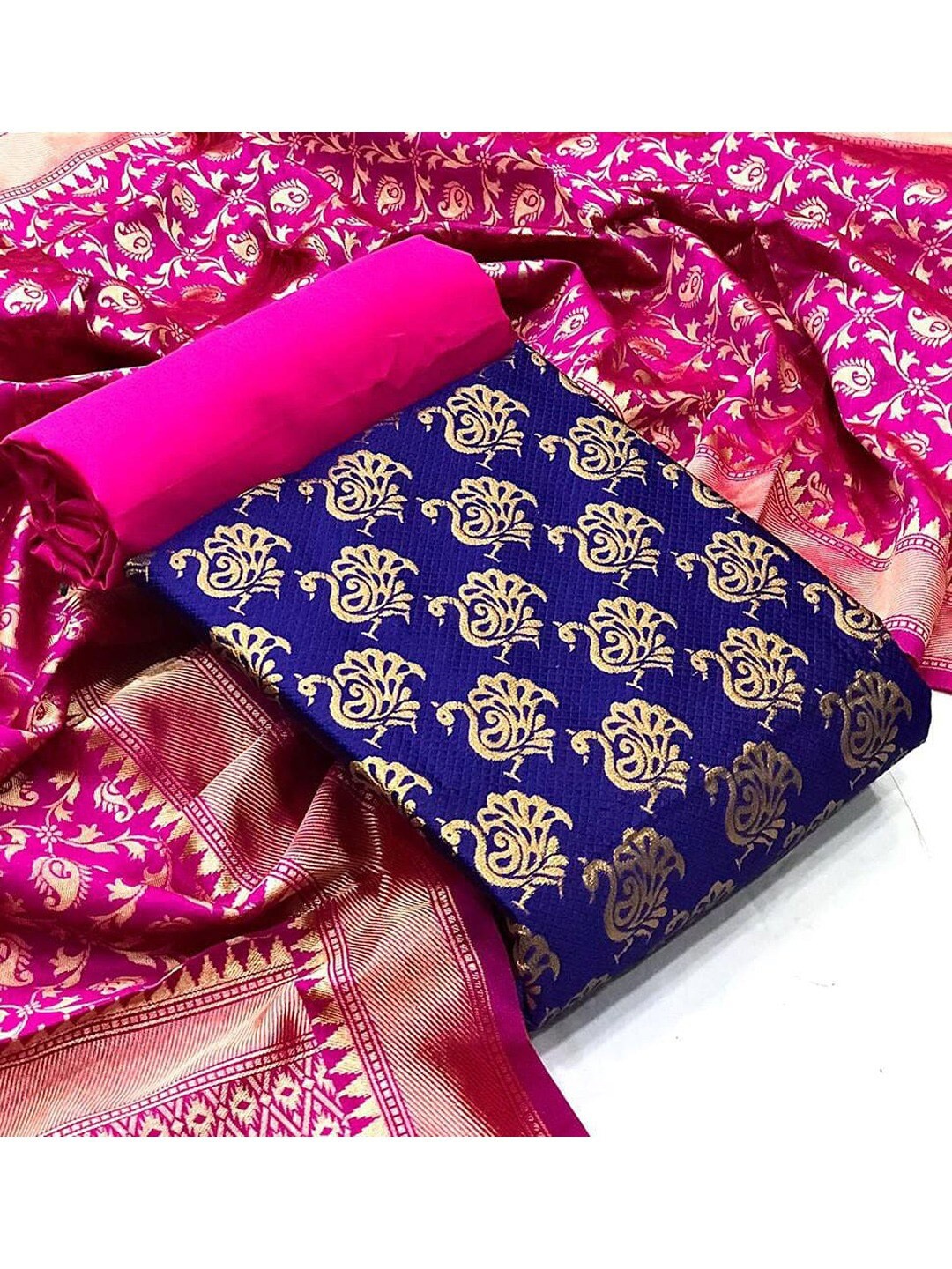 

Angroop Navy Blue & Pink Unstitched Dress Material
