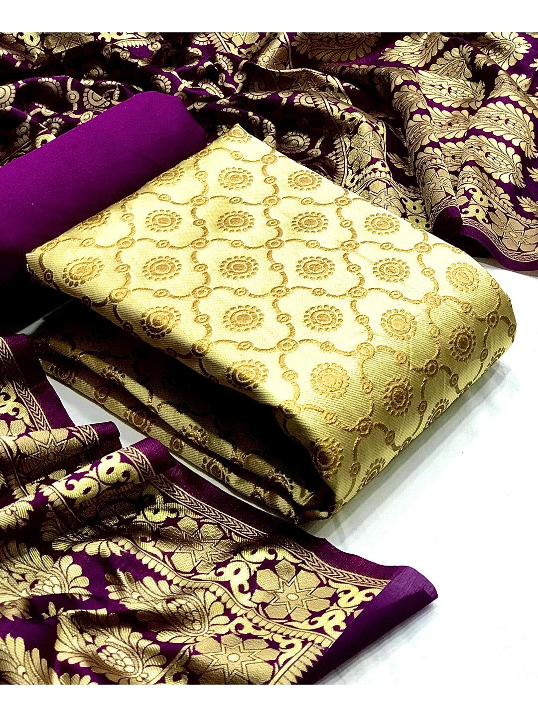 

Angroop Cream-Coloured & Purple Unstitched Dress Material