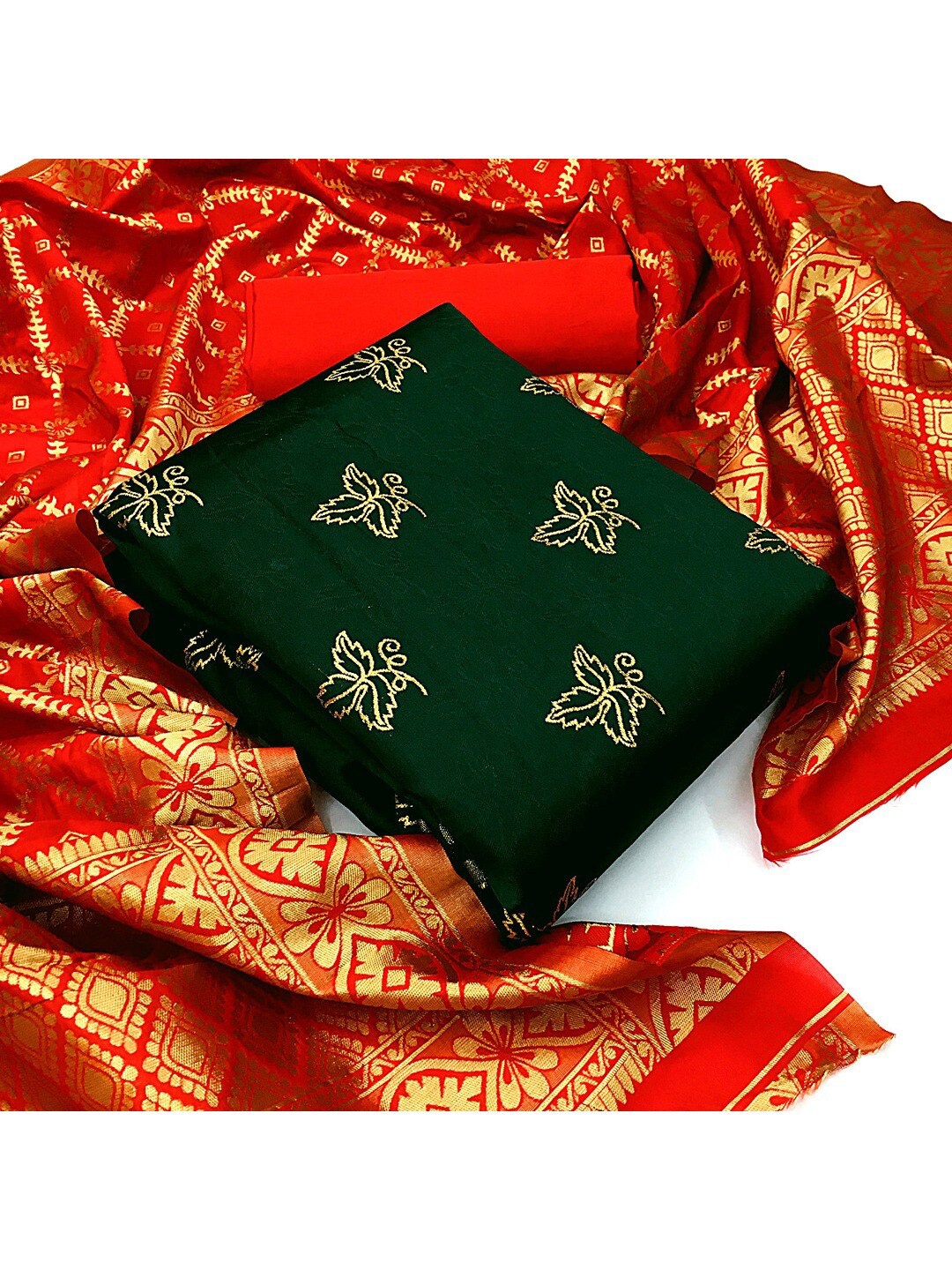 

Angroop Floral Banarasi Silk Unstitched Dress Material, Green