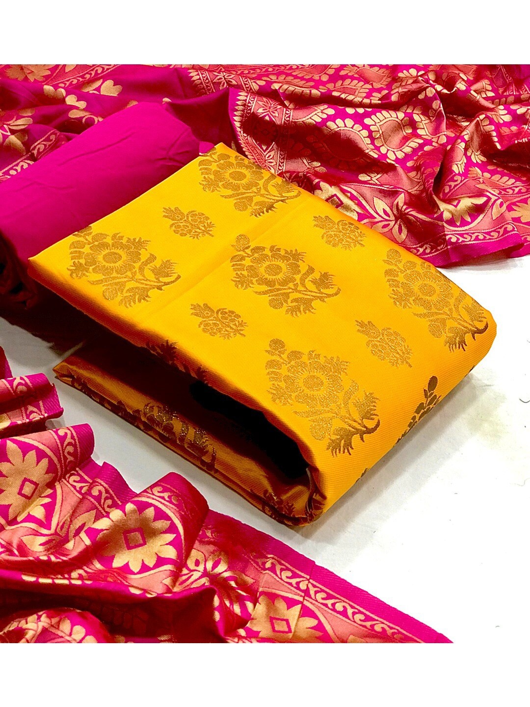 

Angroop Ethnic Motifs Banarasi Silk Unstitched Dress Material, Yellow