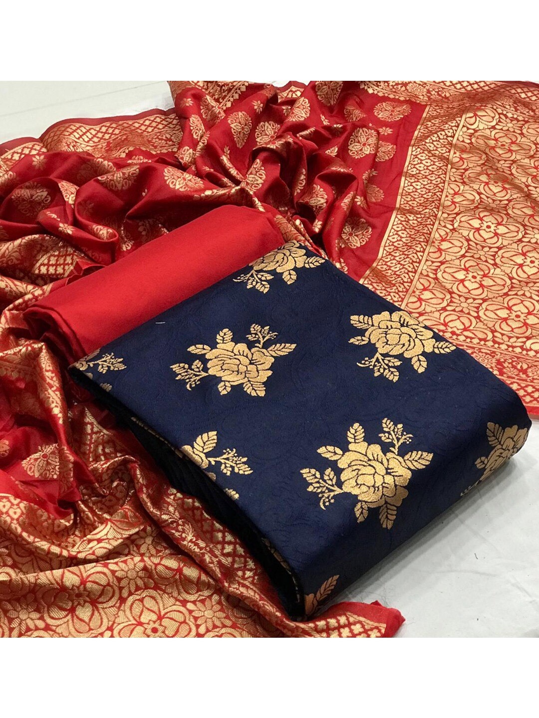 

Angroop Foral Banarasi Silk Unstitched Dress Material, Navy blue
