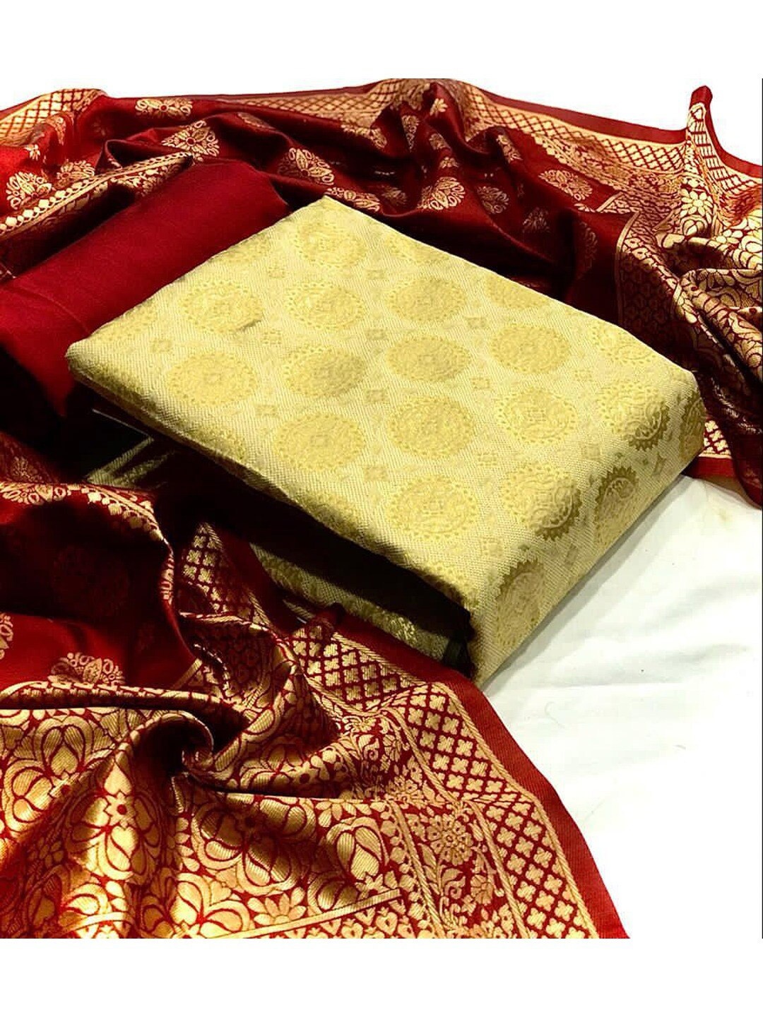 

Angroop Ethnic Motifs Banarasi Silk Unstitched Dress Material, Cream