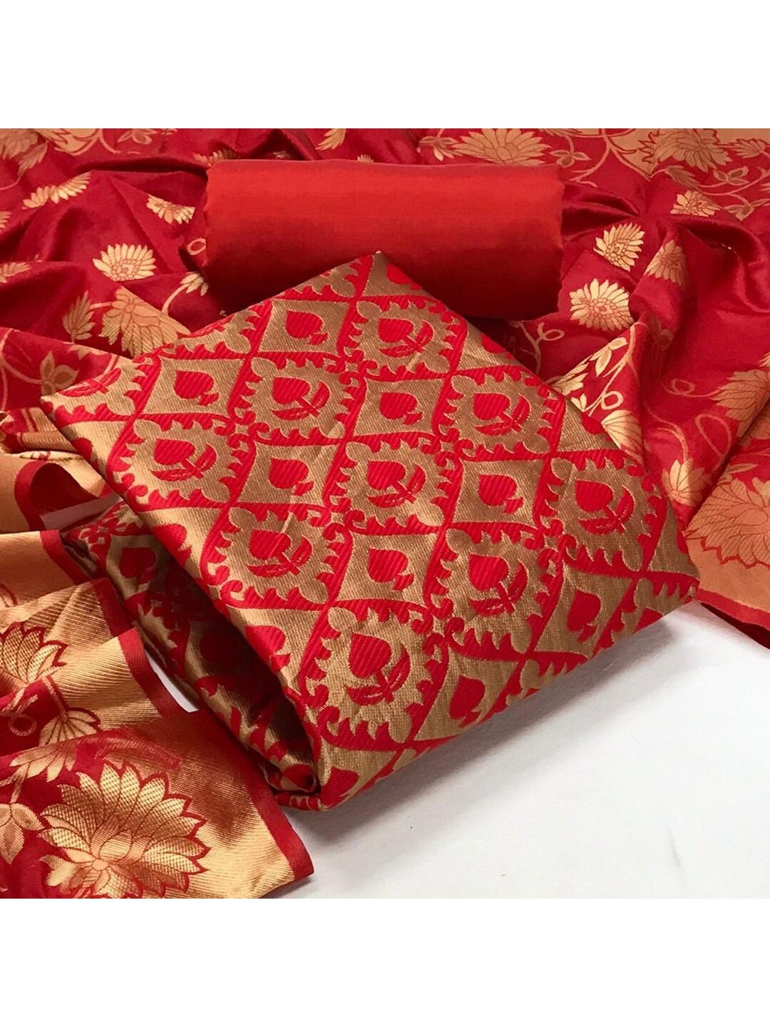 

Angroop Ethnic Motifs Banarasi Silk Unstitched Dress Material, Red