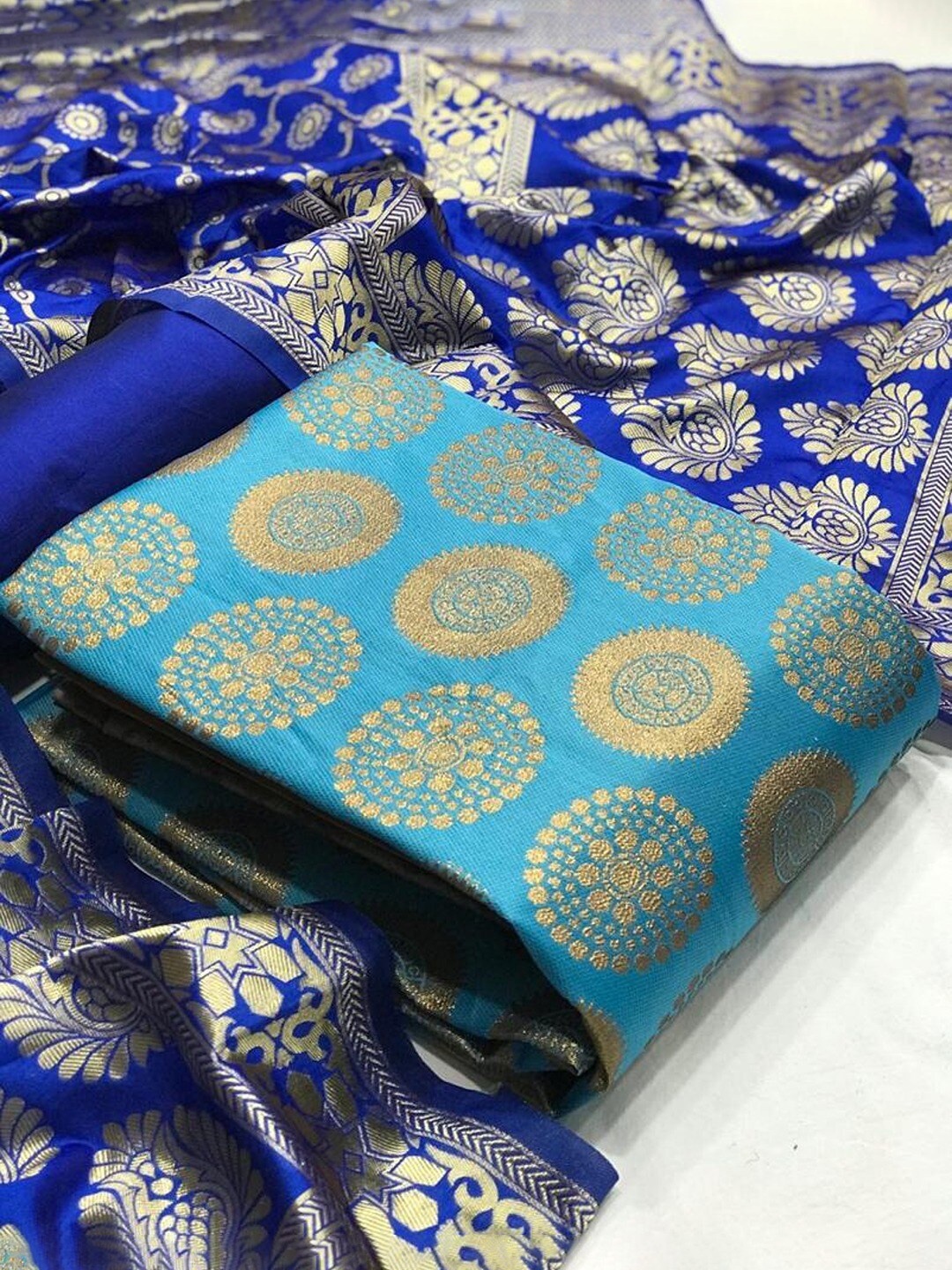 

Angroop Ethnic Motifs Banarasi Silk Unstitched Dress Material, Blue
