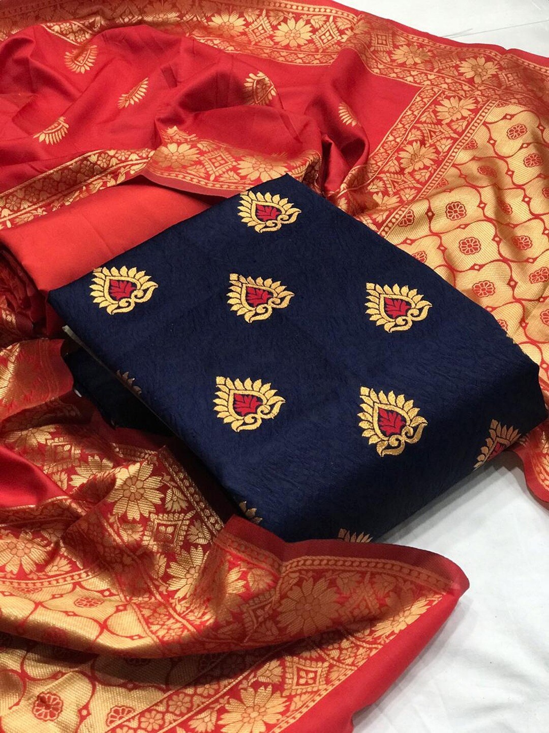 

Angroop Jacquard Work Banarasi Silk Woven Design Unstitched Dress Material, Blue