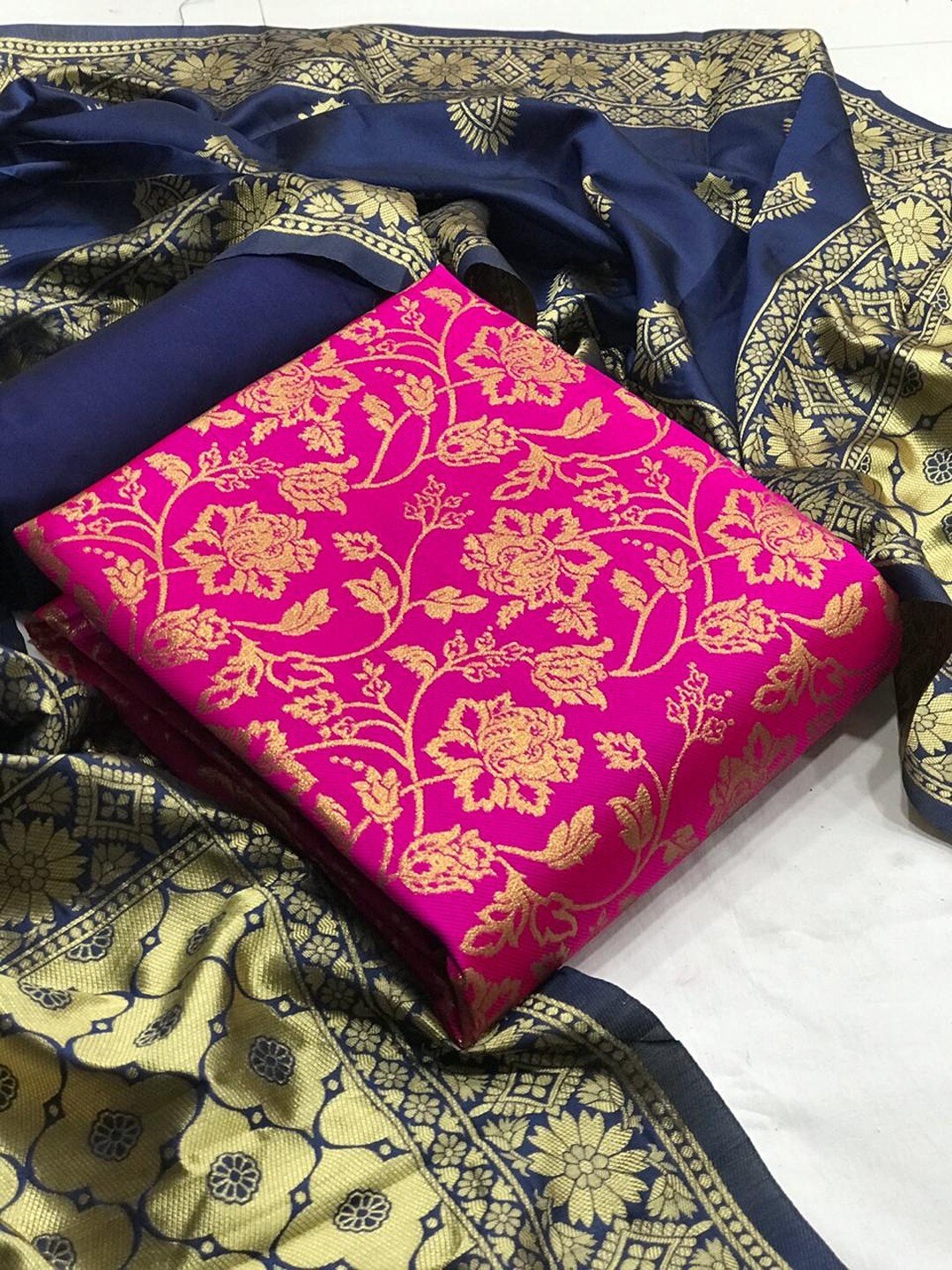 

Angroop Jacquard Work Banarasi Silk Woven Design Unstitched Dress Material, Pink