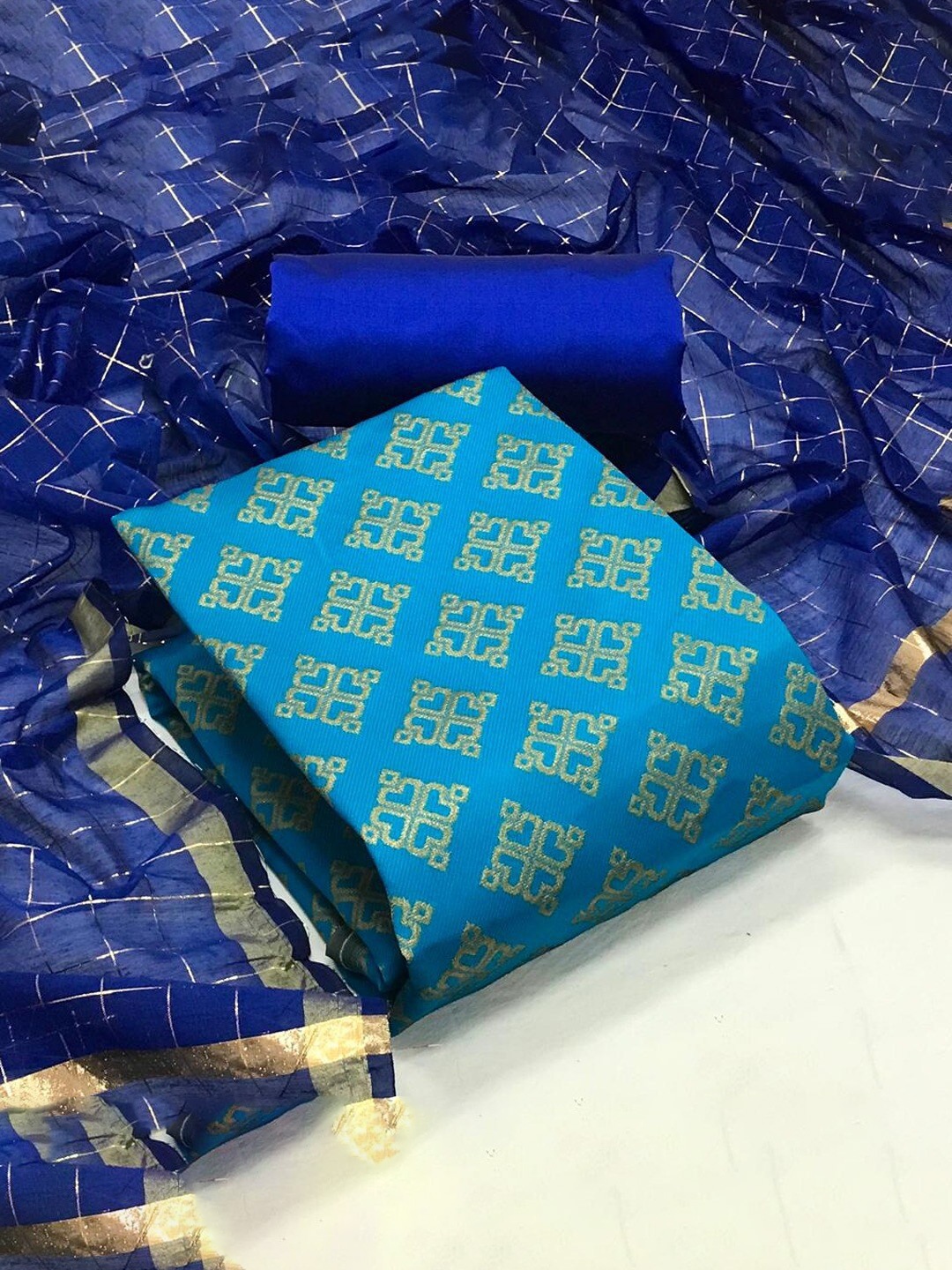 

Angroop Jacquard Work Banarasi Silk Woven Design Unstitched Dress Material, Blue
