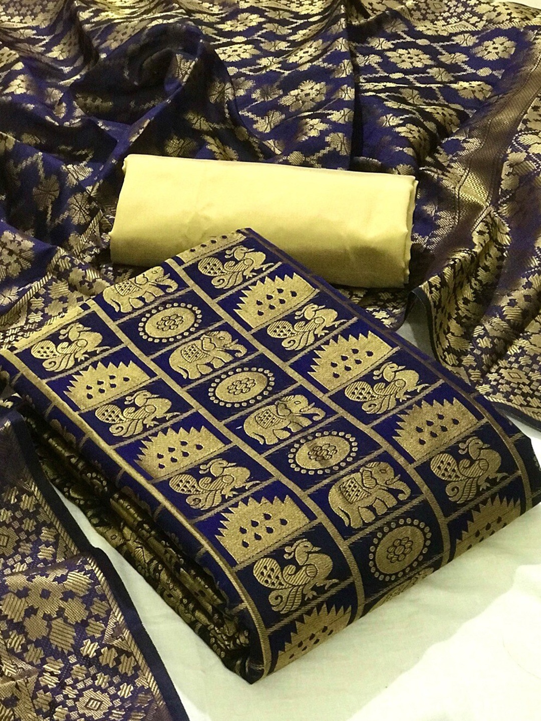 

Angroop Jacquard Work Banarasi Silk Woven Design Unstitched Dress Material, Blue