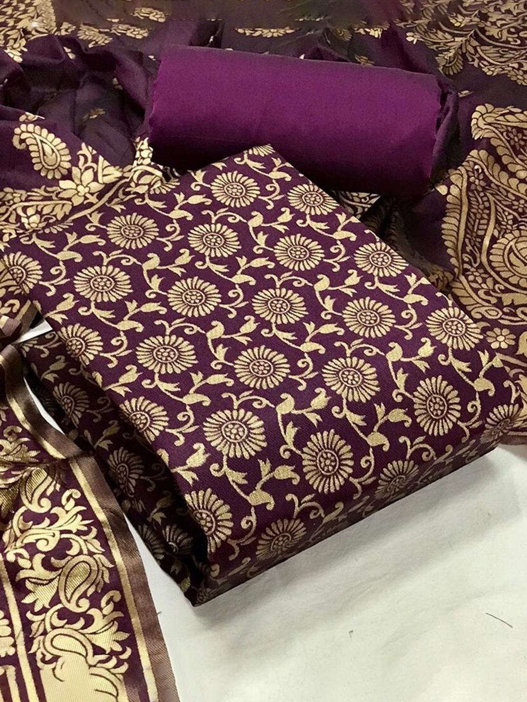

Angroop Banarasi Silk Unstitched Dress Material, Purple