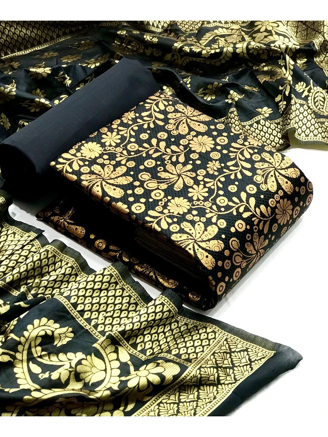 

Angroop Jacquard Work Banarasi Silk Woven Design Unstitched Dress Material, Black
