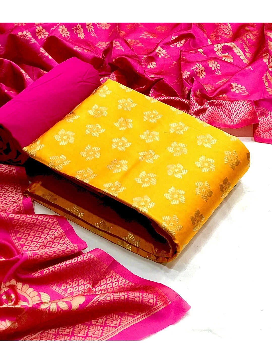 

Angroop Jacquard Work Banarasi Silk Woven Design Unstitched Dress Material, Yellow